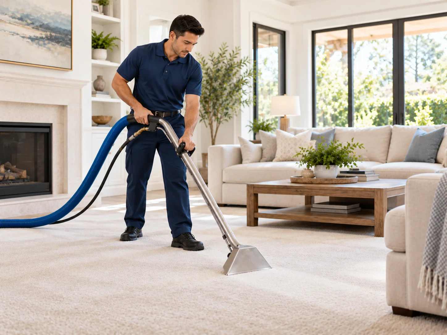 Professional cleaner extracting dirt from a residential carpet