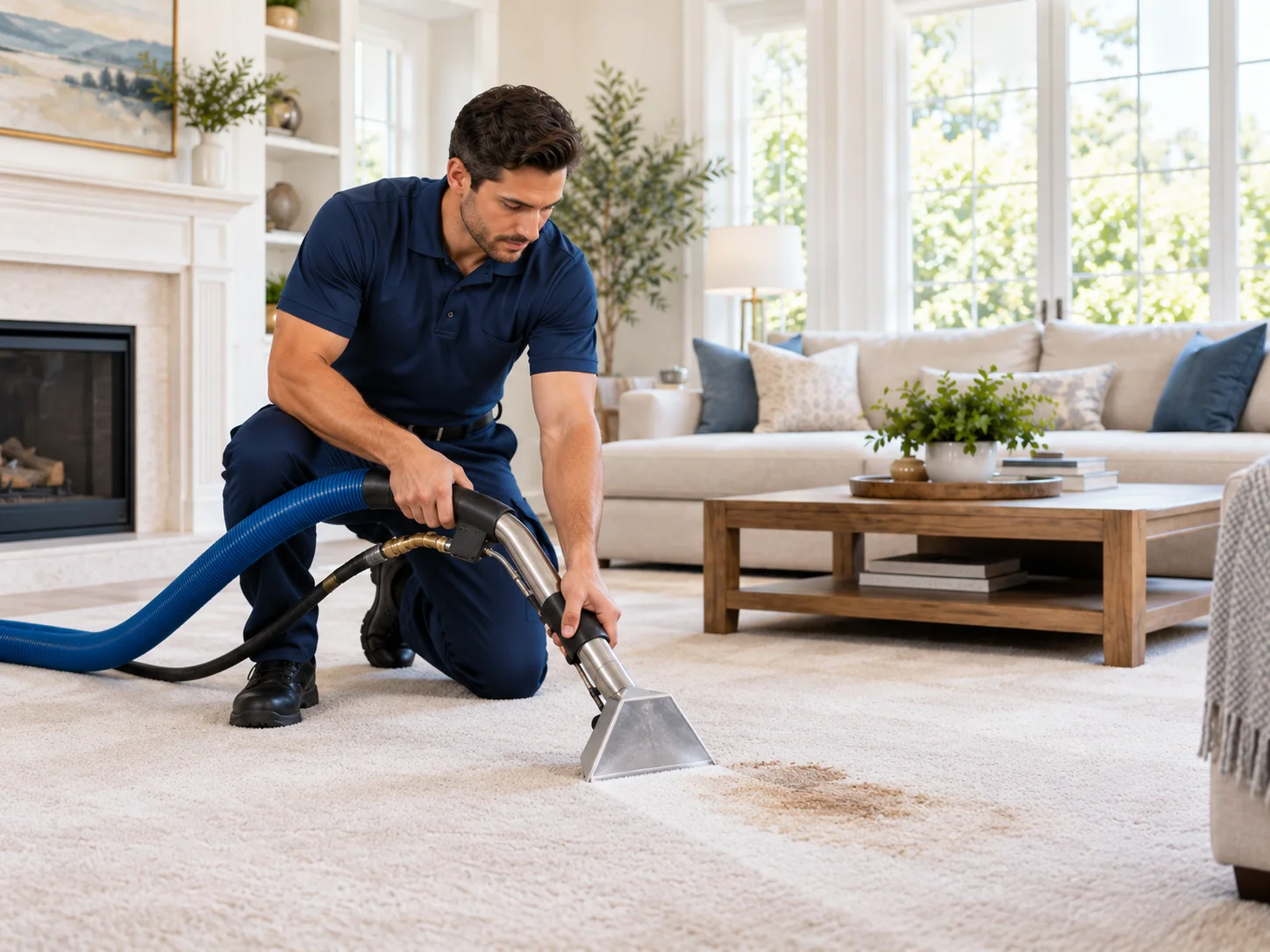 Cleaner focusing an extraction tool on a stained section of carpet