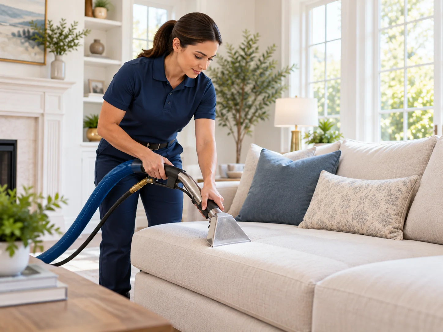 Professional cleaner refreshing a fabric sofa with upholstery cleaning equipment