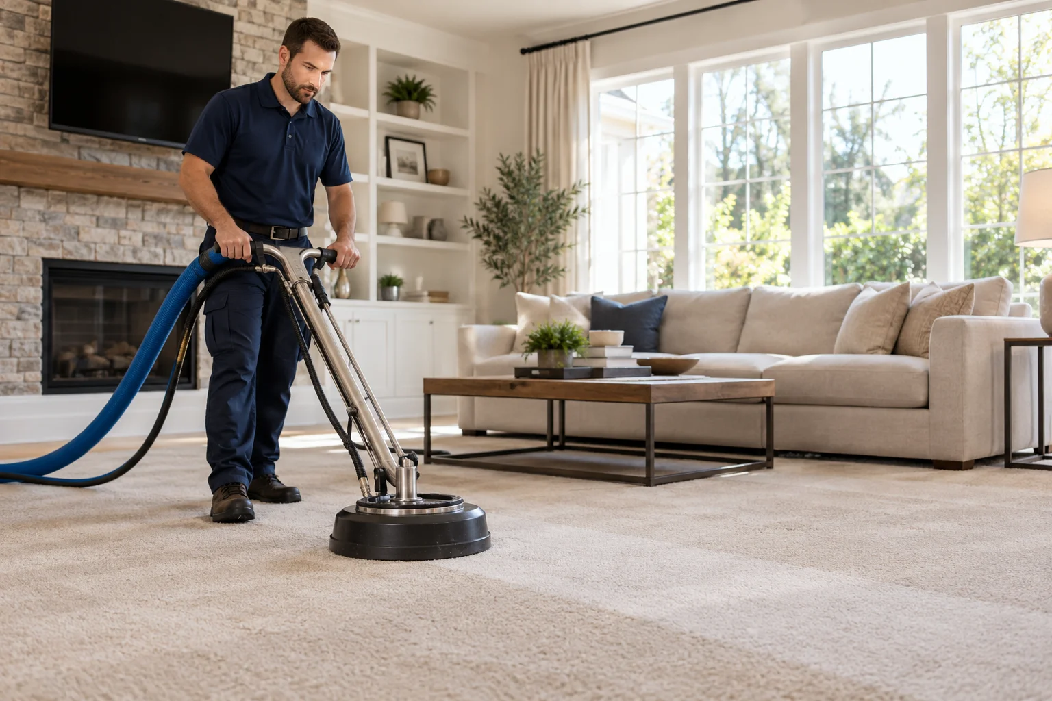 Illustrative carpet cleaning technician operating a rotary extraction cleaning machine in a living room