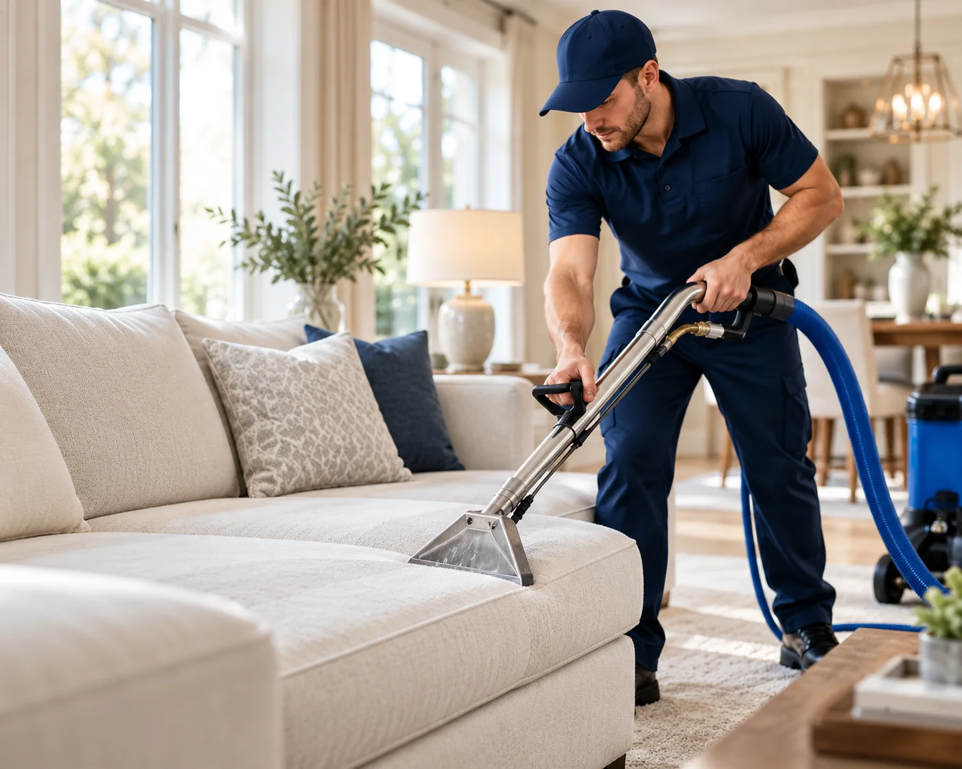 Illustration of upholstery cleaning with an extraction wand on a sofa
